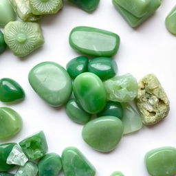 A pile of Green Jade crystals, featuring both polished and raw forms, elegantly displayed on a pristine white backdrop