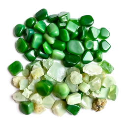 A pile of Green Jade crystals, featuring both polished and raw forms, elegantly displayed on a pristine white backdrop