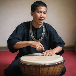 A person passionately playing a traditional Indonesian kendang drum, captured mid-beat with a feeling of rhythm and enthusiasm.