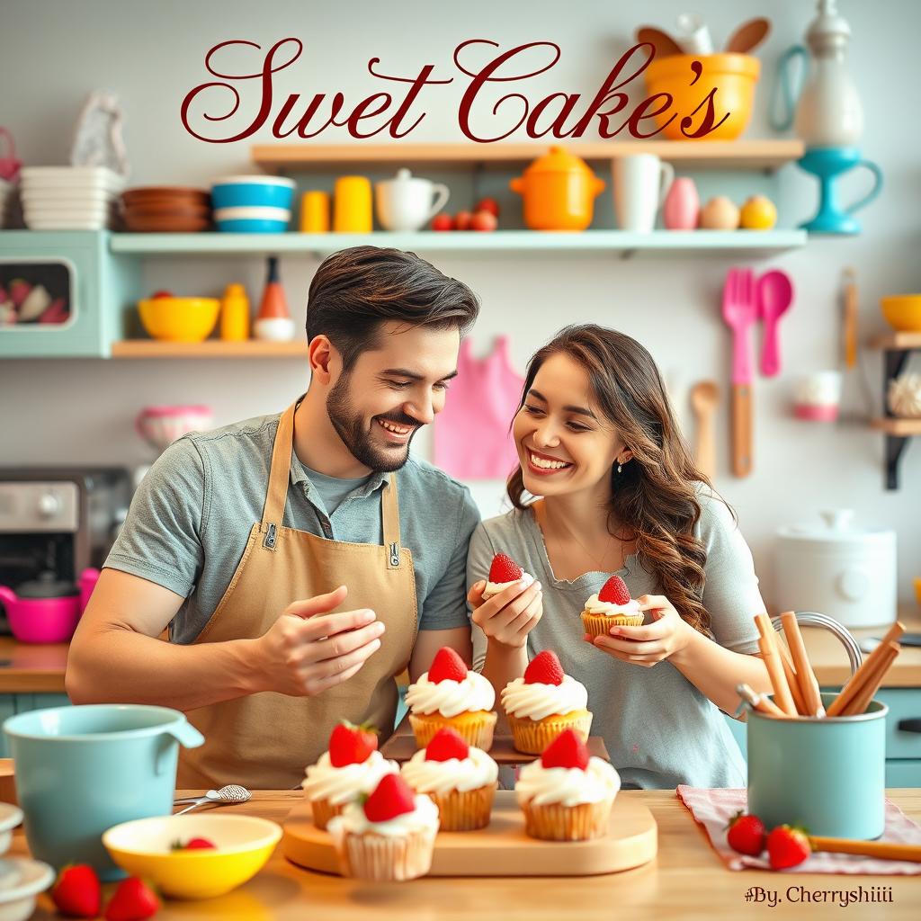 A husband and wife happily making cupcakes with strawberries as decoration, in the vibrant kitchen of the wife's cake shop