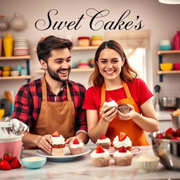 A husband and wife happily making cupcakes with strawberries as decoration, in the vibrant kitchen of the wife's cake shop