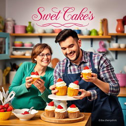 A husband and wife happily making cupcakes with strawberries as decoration, in the vibrant kitchen of the wife's cake shop