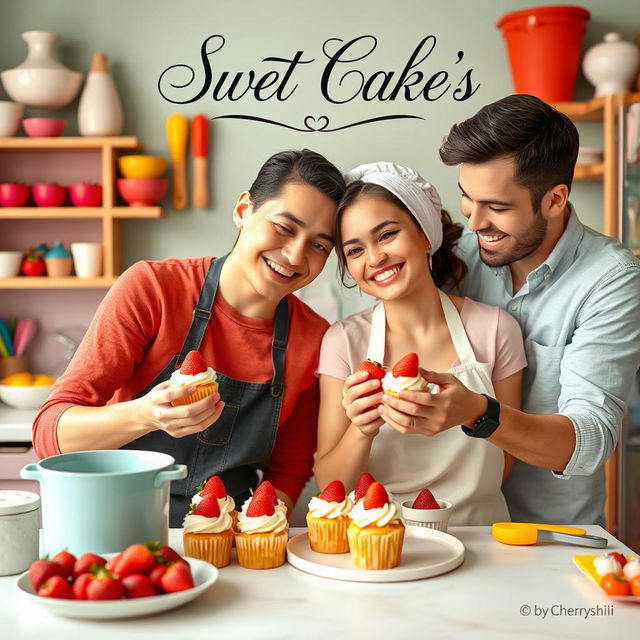 A husband and wife happily making cupcakes with strawberries as decoration, in the vibrant kitchen of the wife's cake shop