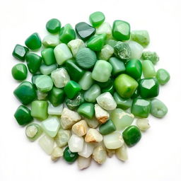 A pile of Green Jade crystals, featuring both polished and raw forms, elegantly displayed on a pristine white backdrop