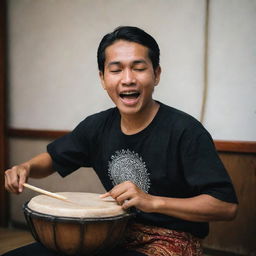 A person passionately playing a traditional Indonesian kendang drum, captured mid-beat with a feeling of rhythm and enthusiasm.