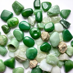 A pile of Green Jade crystals, featuring both polished and raw forms, elegantly displayed on a pristine white backdrop