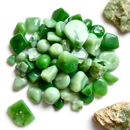 A pile of Green Jade crystals, featuring both polished and raw forms, elegantly displayed on a pristine white backdrop