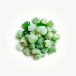 A pile of Green Jade crystals, featuring both polished and raw forms, elegantly displayed on a pristine white backdrop