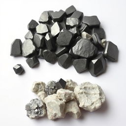 A pile of Hematite crystals, featuring both polished and raw forms, elegantly displayed on a pristine white backdrop