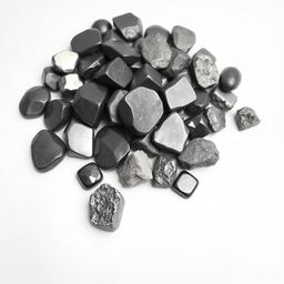 A pile of Hematite crystals, featuring both polished and raw forms, elegantly displayed on a pristine white backdrop