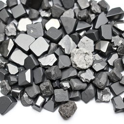 A pile of Hematite crystals, featuring both polished and raw forms, elegantly displayed on a pristine white backdrop