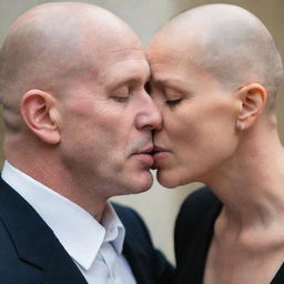 A heartwarming image capturing a bald man passionately involved in a loving kiss. The intimate setting and emotional intensity of the scene convey a deep sense of affection and companionship.