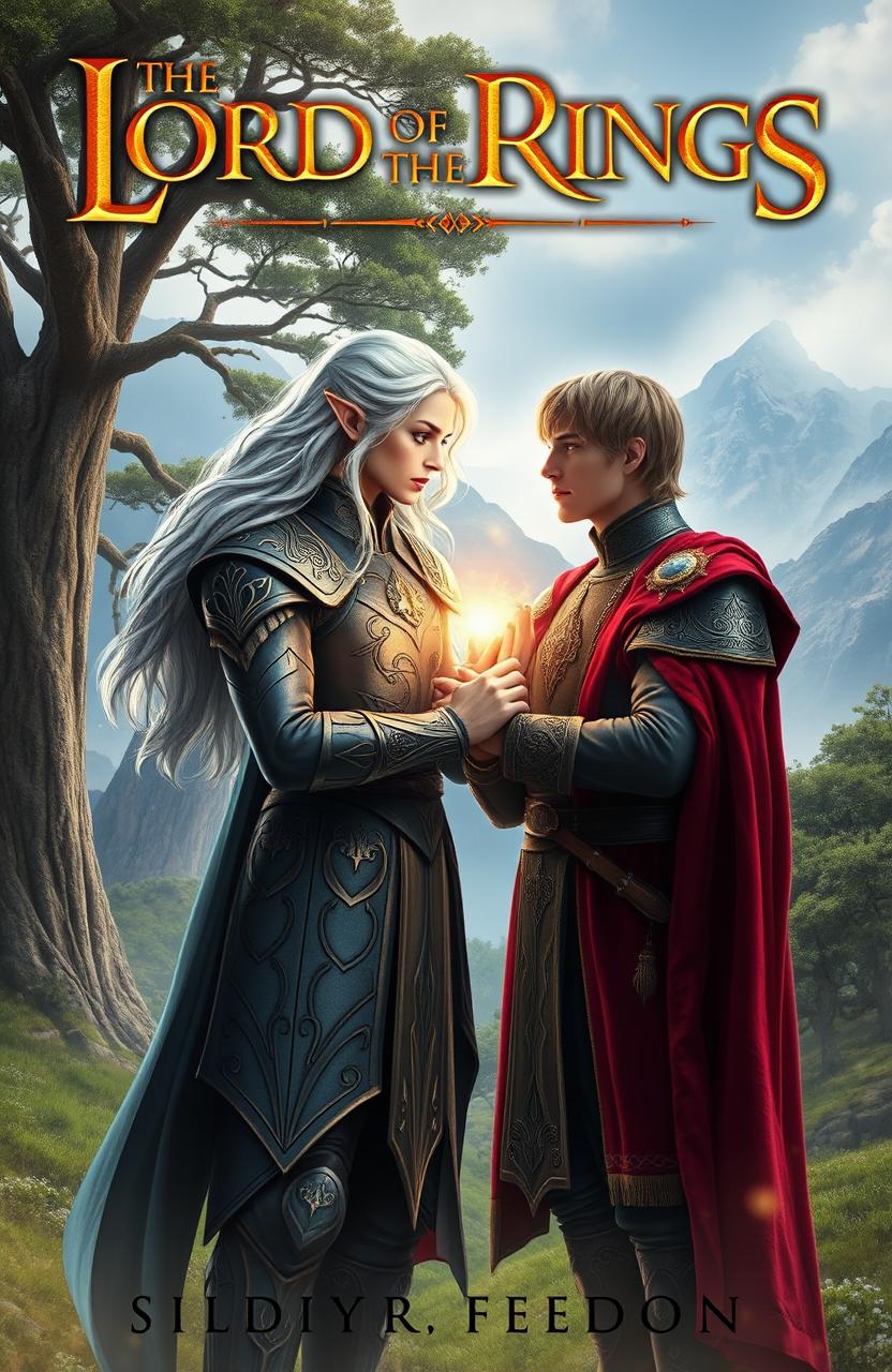 An enchanting fantasy romance book cover inspired by the epic world of "The Lord of the Rings