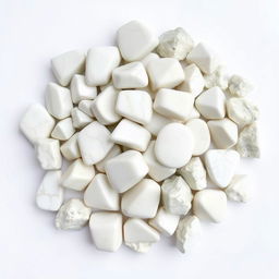 A pile of Howlite crystals, featuring both polished and raw forms, elegantly displayed on a pristine white backdrop