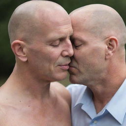 A heartwarming image capturing a bald man passionately involved in a loving kiss. The intimate setting and emotional intensity of the scene convey a deep sense of affection and companionship.