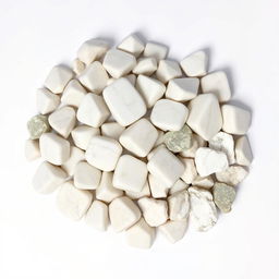 A pile of Howlite crystals, featuring both polished and raw forms, elegantly displayed on a pristine white backdrop