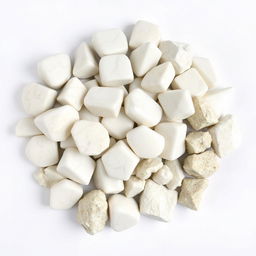 A pile of Howlite crystals, featuring both polished and raw forms, elegantly displayed on a pristine white backdrop