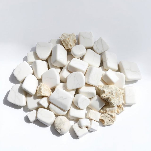 A pile of Howlite crystals, featuring both polished and raw forms, elegantly displayed on a pristine white backdrop