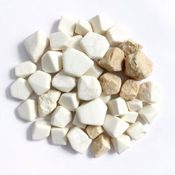 A pile of Howlite crystals, featuring both polished and raw forms, elegantly displayed on a pristine white backdrop