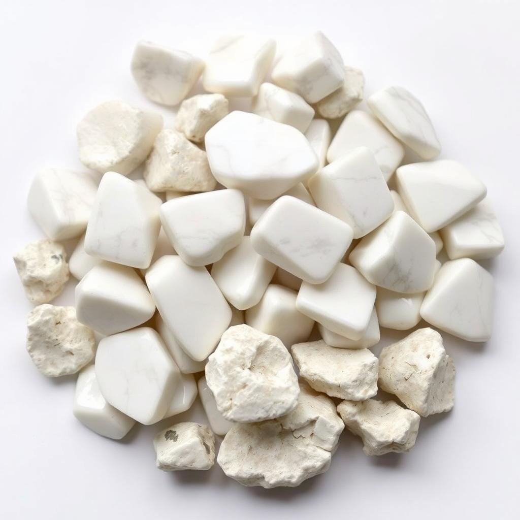 A pile of Howlite crystals, featuring both polished and raw forms, elegantly displayed on a pristine white backdrop