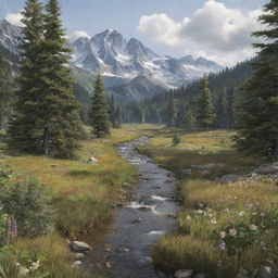 Generate a hyper-realistic depiction of a natural landscape, with breathtaking detail in both flora and fauna.