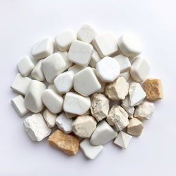 A pile of Howlite crystals, featuring both polished and raw forms, elegantly displayed on a pristine white backdrop