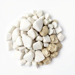 A pile of Howlite crystals, featuring both polished and raw forms, elegantly displayed on a pristine white backdrop