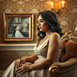 A beautiful curvy woman with elegant features, sitting gracefully on a luxurious velvet chair, adorned with intricate golden detailing