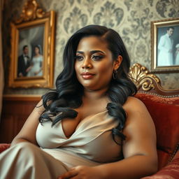 A beautiful curvy woman with elegant features, sitting gracefully on a luxurious velvet chair, adorned with intricate golden detailing