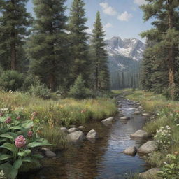 Generate a hyper-realistic depiction of a natural landscape, with breathtaking detail in both flora and fauna.