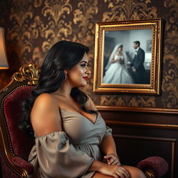 A beautiful curvy woman with elegant features, sitting gracefully on a luxurious velvet chair, adorned with intricate golden detailing