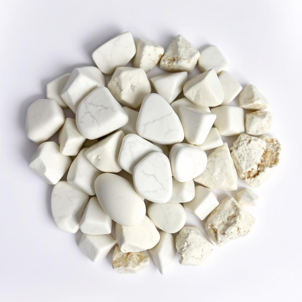 A pile of distinct Howlite crystals, featuring both polished and raw forms, artfully displayed on a pristine white backdrop