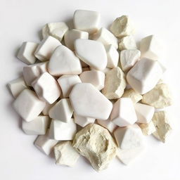 A pile of distinct Howlite crystals, featuring both polished and raw forms, artfully displayed on a pristine white backdrop