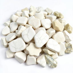 A pile of distinct Howlite crystals, featuring both polished and raw forms, artfully displayed on a pristine white backdrop