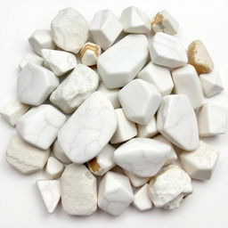 A pile of distinct Howlite crystals, featuring both polished and raw forms, artfully displayed on a pristine white backdrop