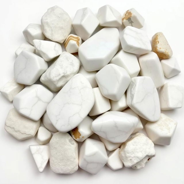 A pile of distinct Howlite crystals, featuring both polished and raw forms, artfully displayed on a pristine white backdrop