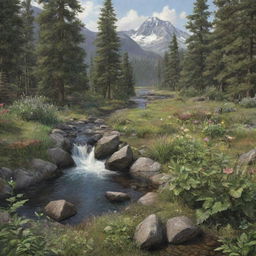 Generate a hyper-realistic depiction of a natural landscape, with breathtaking detail in both flora and fauna.