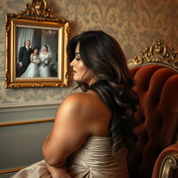 A beautiful curvy woman with elegant features, sitting gracefully on a luxurious velvet chair, adorned with intricate golden detailing