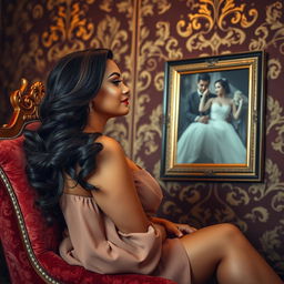 A beautiful curvy woman with elegant features, sitting gracefully on a luxurious velvet chair, adorned with intricate golden detailing