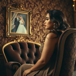 A beautiful curvy woman with elegant features, sitting gracefully on a luxurious velvet chair, adorned with intricate golden detailing