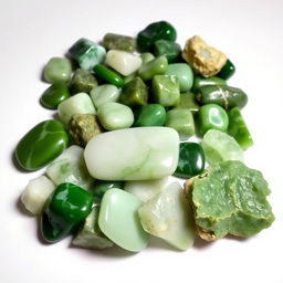 A pile of different Jade crystals, featuring both polished and raw forms, beautifully displayed on a pristine white backdrop