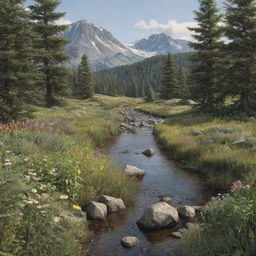 Generate a hyper-realistic depiction of a natural landscape, with breathtaking detail in both flora and fauna.