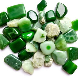 A pile of different Jade crystals, featuring both polished and raw forms, beautifully displayed on a pristine white backdrop