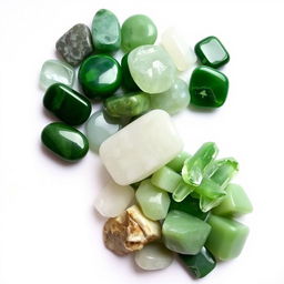 A pile of different Jade crystals, featuring both polished and raw forms, beautifully displayed on a pristine white backdrop