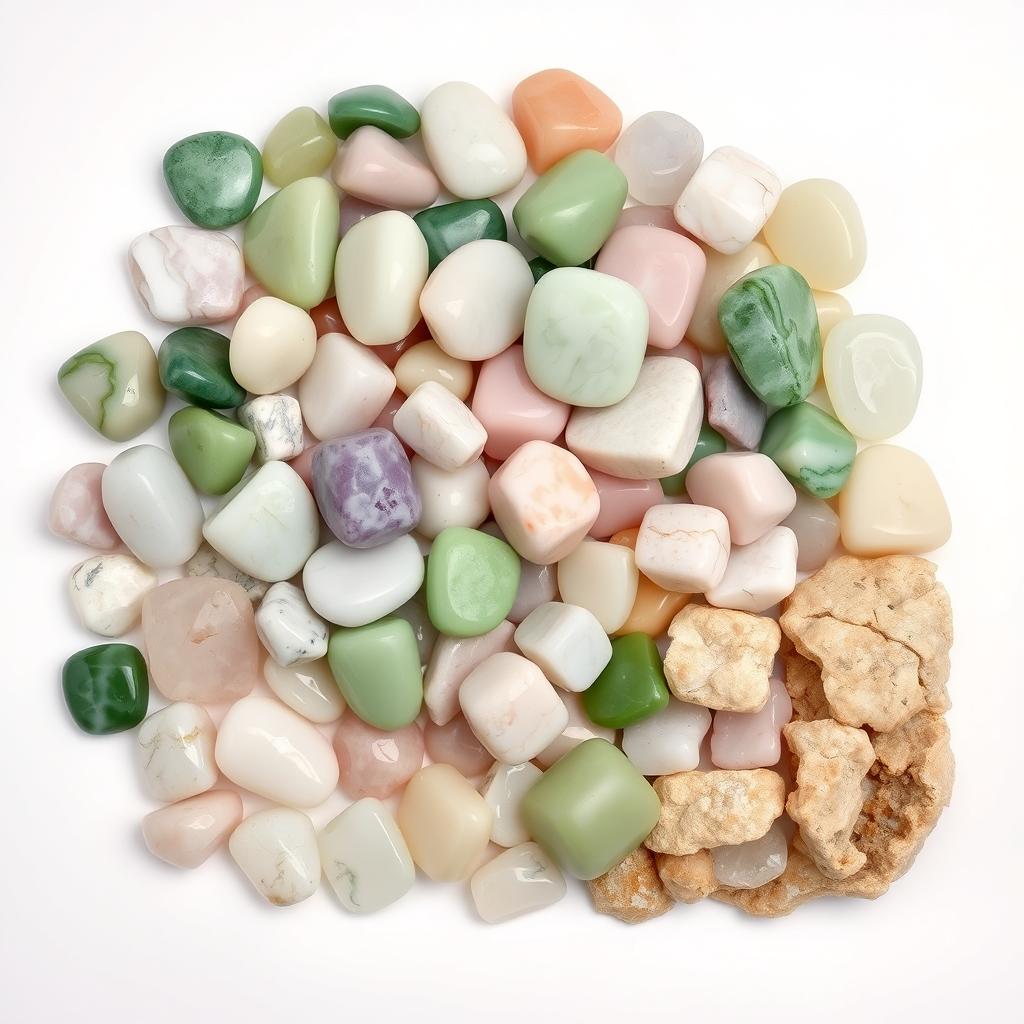 A pile of different colored Jade crystals, featuring both polished and raw forms, beautifully displayed on a pristine white backdrop