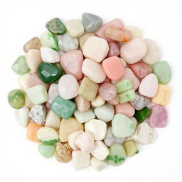 A pile of different colored Jade crystals, featuring both polished and raw forms, beautifully displayed on a pristine white backdrop