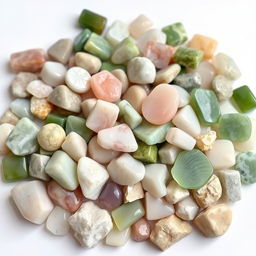 A pile of different colored Jade crystals, featuring both polished and raw forms, beautifully displayed on a pristine white backdrop