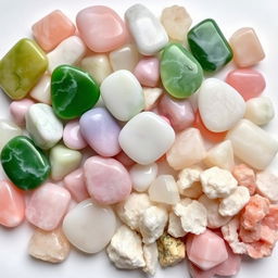 A pile of different colored Jade crystals, featuring both polished and raw forms, beautifully displayed on a pristine white backdrop