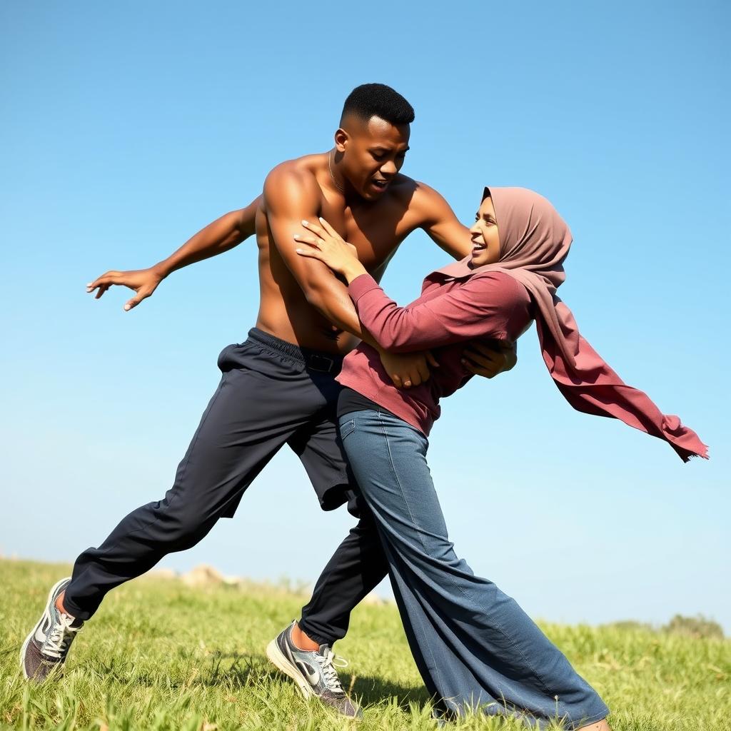 A brown-skinned, tall, thin man energetically wrestling with a woman wearing a hijab