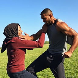 A brown-skinned, tall, thin man energetically wrestling with a woman wearing a hijab